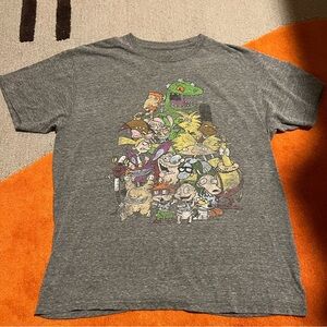 Nickelodeon 90s Cartoons RUGRATS Ren & Stimpy Grey Distressed Tee T-Shirt